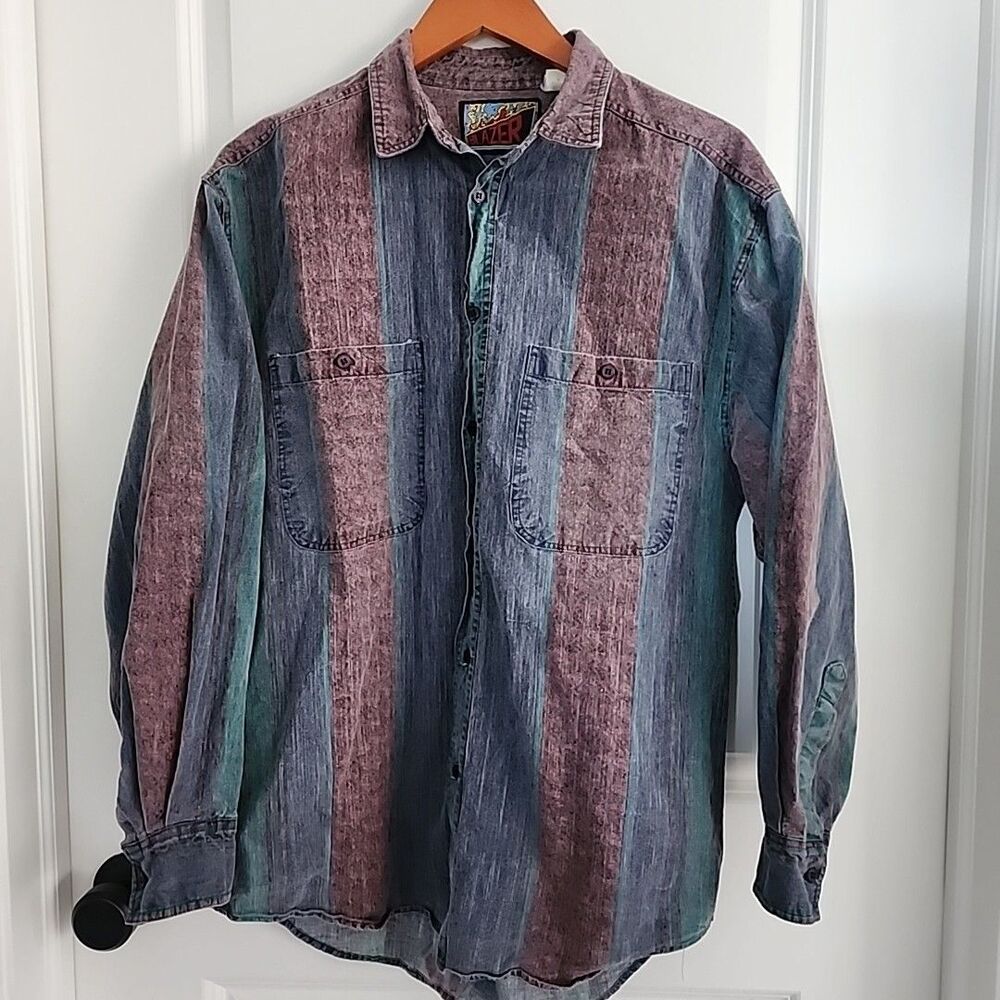 Vintage Blazer Firenze Shirt Mens Size M Striped Denim Button Up Long Cotton